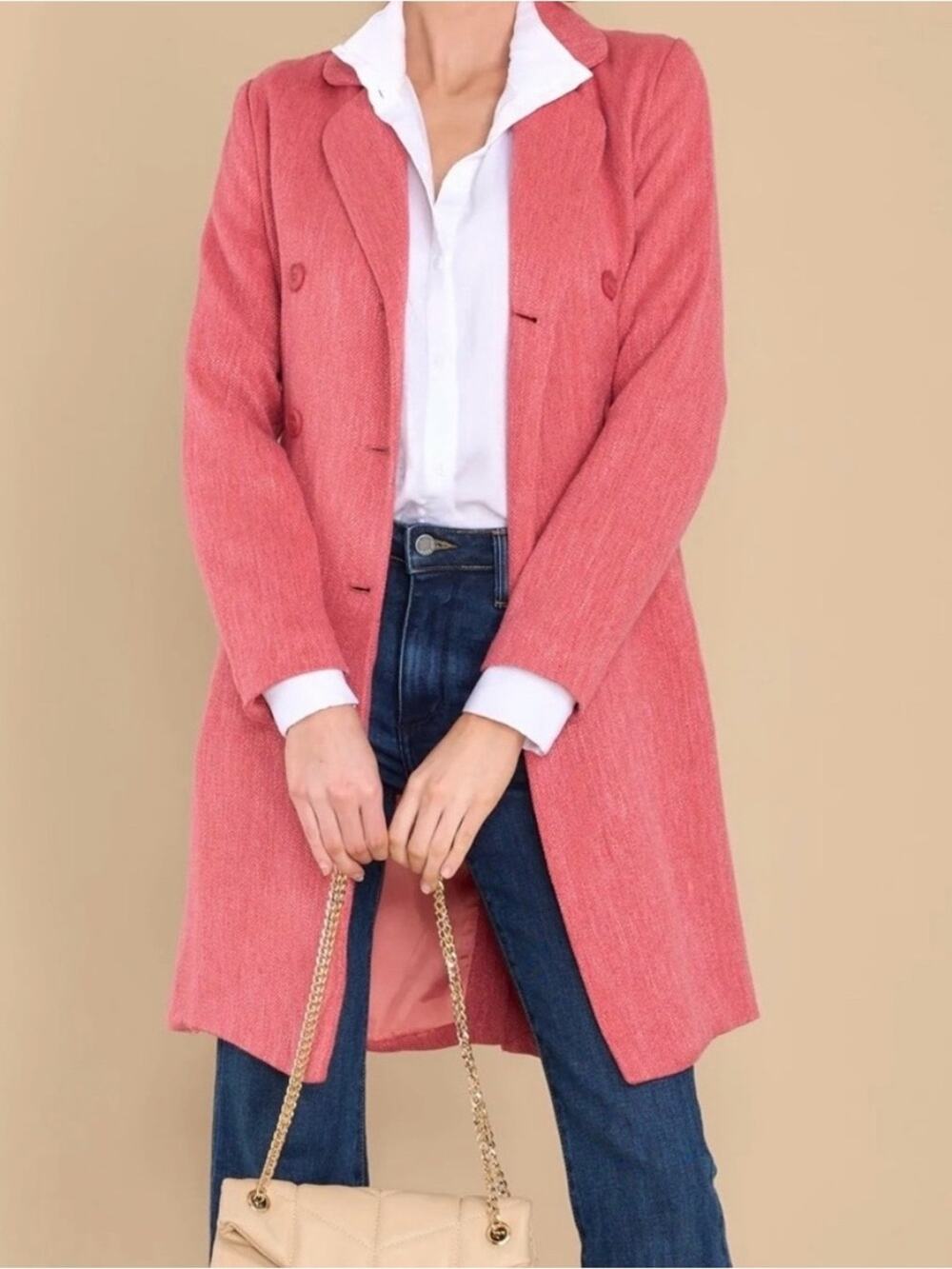 Aura Coral-Pink Belted Double Breasted Coat, Size Medium